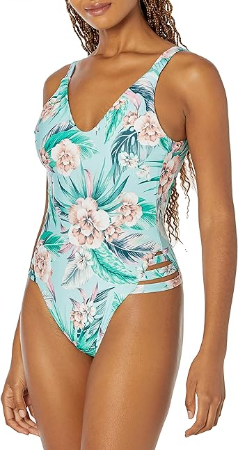 Photo 1 of BECCA Women's Standard Rebecca Virtue Print Play High Leg One Piece Swimsuit-Open Back, Cut-Out Sides, Bathing Suits Large Miami Lane