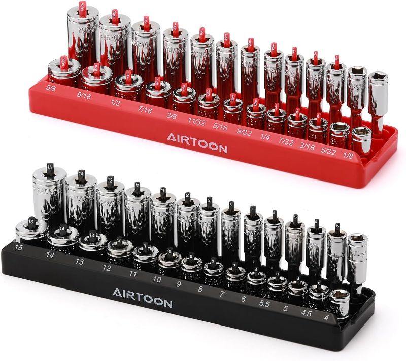 Photo 1 of AIRTOON 1/4-Inch Drive Socket Organizer Trays, 2-Piece SAE and Metric Socket Tray Set, Deep and Standard Socket Holders Organizers for Toolbox, Black & Red
