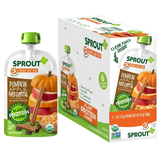 Photo 1 of *3/6/2024* Sprout Organics Stage 3 Baby Food, Organic Pumpkin, Apple & Red Lentil & Cinnamon, 4 oz Pouches (2 Packs)
