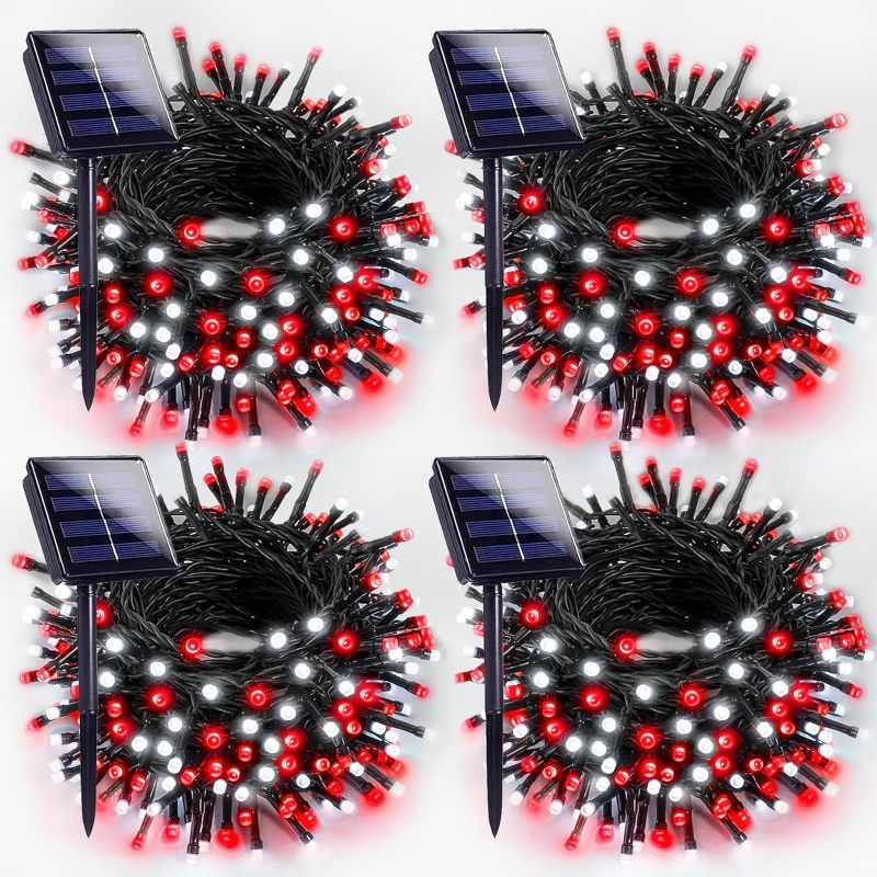 Photo 1 of 4-pack Red and White Solar Christmas Lights Outdoor Waterproof, 400LED 132FT Solar Powered LED String Lights Green Wire with 8 Modes Solar Fairy Lights for Xmas Tree Party Wedding Garden Fence Decor