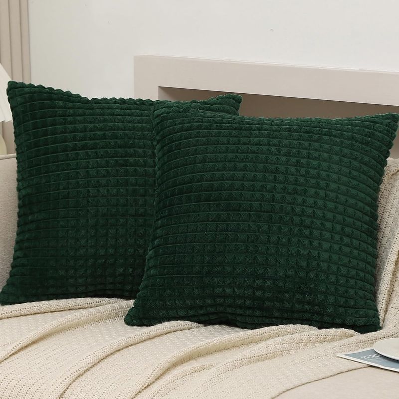 Photo 1 of *COVERS ONLY* Set of 2 Decorative Dark Green Throw Pillow Covers 16×16 Inch,Super Soft Plush Flannel Fleece Pillowcase Fluffy Cozy Plaid Texture Cushion Cover for Couch,Sofa,Farmhouse,Living Room 16"×16" Dark Green