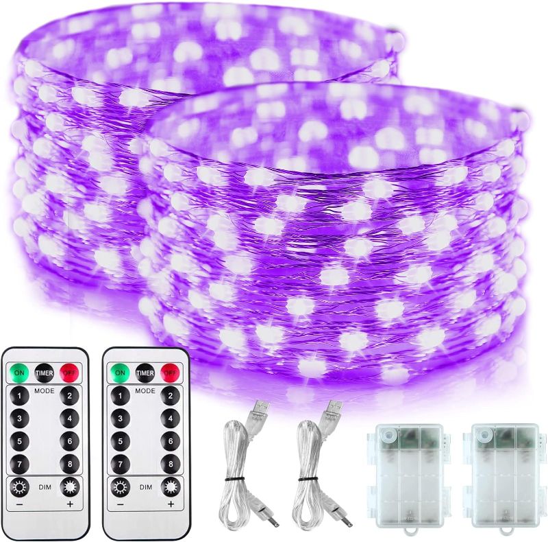 Photo 1 of 2 Pack Battery Operated UV Blacklight, 16.4ft 2835 LED UV Lamp Beads 8 Modes Flexible Black Lights Fixtures Fairy String Lights with Remote for Fluorescent Party Stage Body Paint Halloween Décor 2x16.4ft battery+usb