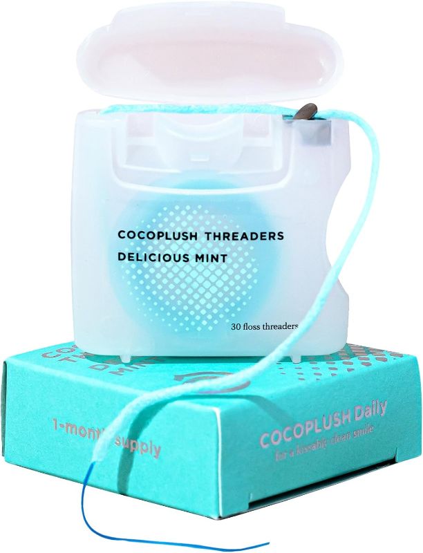 Photo 1 of Cocofloss CocoPlush Threaders, Dental Floss for Implants, Bridges, and Braces, Mint, Waxed, Dentist-Designed Oral Care with Coconut Oil, 30 Per Pack