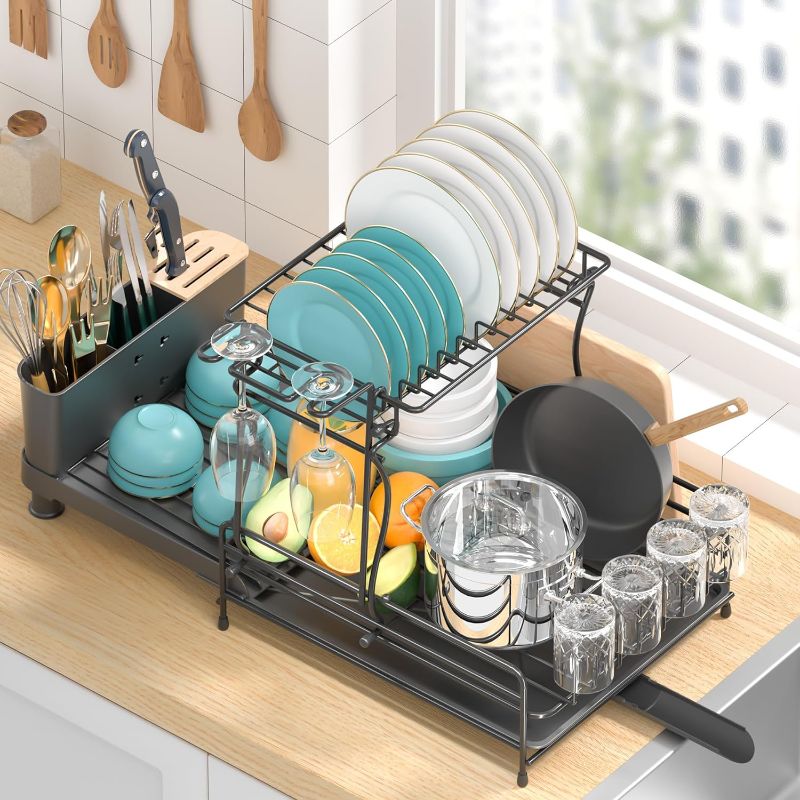 Photo 1 of ACMETOP Dish Drying Rack, Expandable 2 Tier Large Rack for Kitchen Counter, Stainless Steels Dryer with Drainboard, Cutlery & Cup Holders, Drainer Dishes, Knives, Spoon, Black
