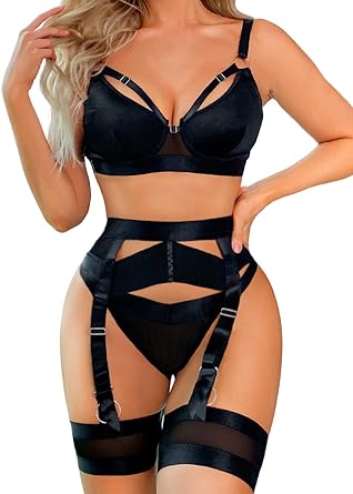 Photo 1 of Kaei&Shi Garter Lingerie For Women,Sexy Lace Lingerie,Sheer Matching 4 Piece Lingerie Set 18 Black Leather