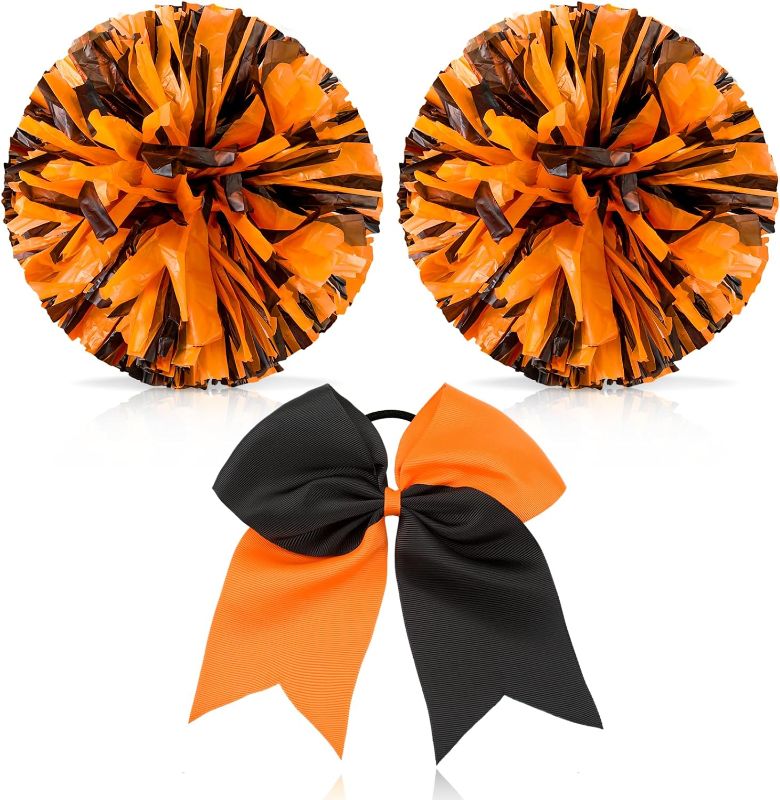 Photo 1 of Cheerleading Pom Poms and Large Cheerleader Hair Bow for Girl, 12 Inch Large Metallic Cheer Cheerleader Pom Poms for Sports Team Spirit Cheering (Orange Black Mixed)
