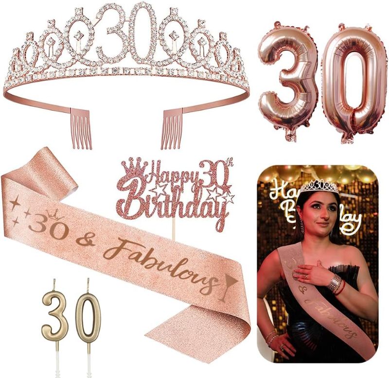 Photo 1 of 30TH Birthday Decorations for Her, Including Happy Birthday Balloons Letter Banner, Rose Gold Sweet Rhinestone Tiara Crown and Sash, 30TH Birthday Cake Toppers, Number Candles, 21st Birthday Gifts for