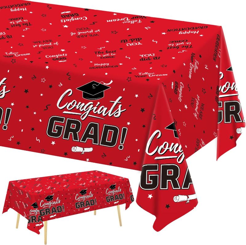 Photo 1 of 3 Pcs Graduation Party Tablecloths Congrats Grad Theme Party Supplies Decorations Red Party Table Cover for College University High and Primary School Class of 2023, 54"×108"