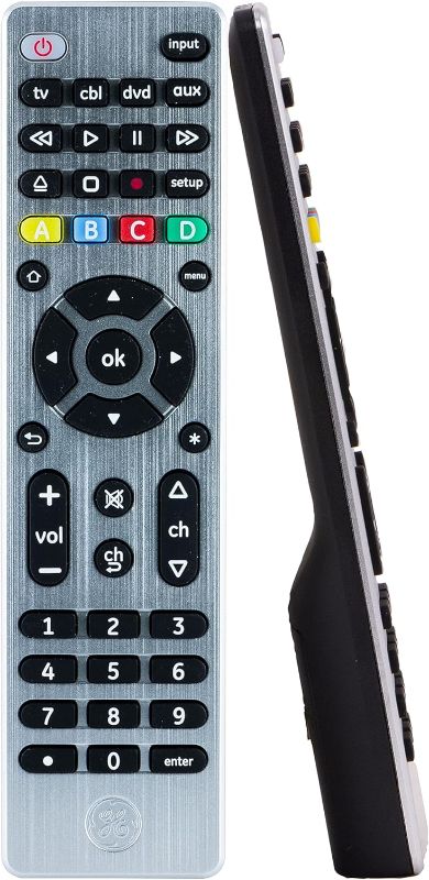 Photo 1 of GE Universal Remote Control for Samsung, Vizio, LG, Sony, Sharp, Roku, Apple TV, TCL, Panasonic, Smart TVs, Streaming Players, Blu-ray, DVD, 4-Device, Silver, 33709 Silver 4 Device Standard