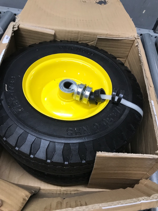 Photo 2 of MaxAuto 2 Pcs 4.10/3.50-6" Flat Free Tire, Hand Truck/All Purpose Utility Tire on Wheel, 3" Centered Hub, 3/4" Bearings, Yellow Steel