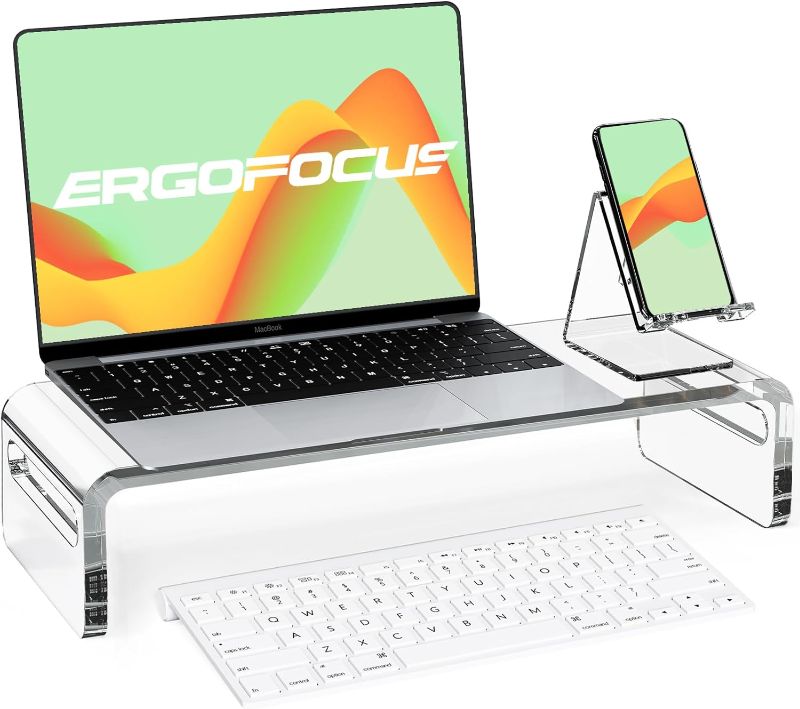 Photo 1 of ErgoFocus 20 inch Large Monitor Stand Riser with Phone Stand, Crystal Clear Acrylic Monitor Riser, Acrylic Computer Stand Riser with Keyboard Storage for Computer, Laptop, PC, iMac