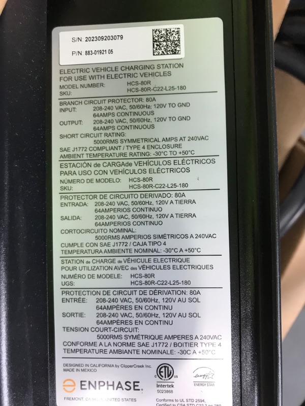 Photo 2 of ***MISSING MOUNTING HARDWARE AND MOUNT - UNABLE TO TEST***
Enphase Level 2 EV Charger, Safety Certified, 64 Amp, 240v, Hardwired