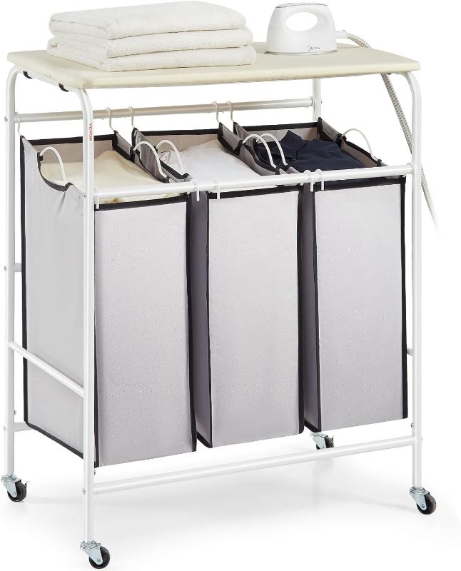 Photo 1 of 3-Section Laundry Sorter Cart with Ironing Board, Laundry Hamper Heavy Duty with Lockable Wheels and 3 Removable Bag, Rolling Laundry Basket Sorter for Clothes Storage