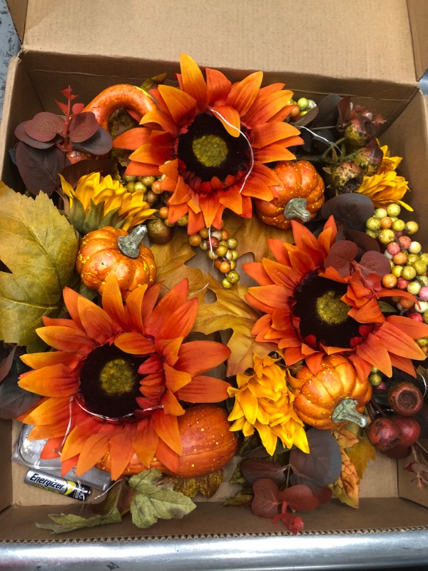 Photo 2 of 22" Sunflower Wreath, Pumpkin Wreath with Berry, Fruit Kernels, Pickles, Led Light, Ribbon (Wreath)