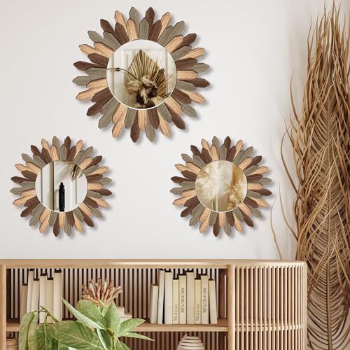 Photo 2 of 3 Pcs Boho Wall Decor Mirror 16.9 Inch 11.8 Inch Sunburst Wall Mirrors Round
