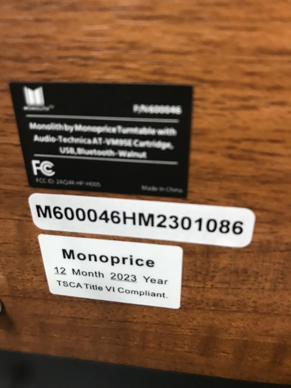 Photo 5 of ***SEE NOTES*** Monolith Turntable with Audio-Technica AT-VM95E Cartridge - Walnut, Belt Drive, Bluetooth, Phono Level, Line Level, and USB Outputs