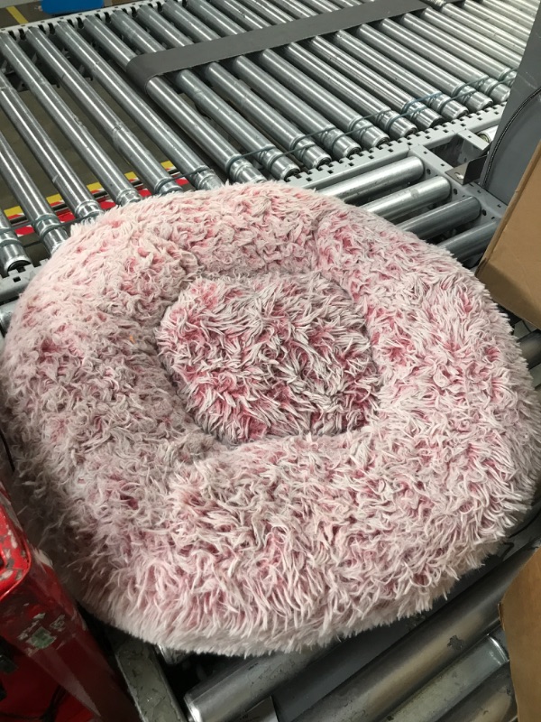 Photo 2 of 24/30 Inch Calming Donut Pet Bed for Small/Medium Cats and Dogs, Anti-Slip Bottom, Washable, Anti-Anxiety Fluffy Round Cat Bed, Indoor Shaggy Cuddler Cotton Candy Brown, Light Gray, Pink Bed
