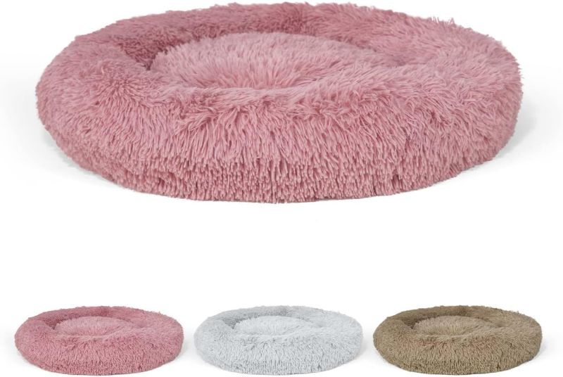 Photo 1 of 24/30 Inch Calming Donut Pet Bed for Small/Medium Cats and Dogs, Anti-Slip Bottom, Washable, Anti-Anxiety Fluffy Round Cat Bed, Indoor Shaggy Cuddler Cotton Candy Brown, Light Gray, Pink Bed
