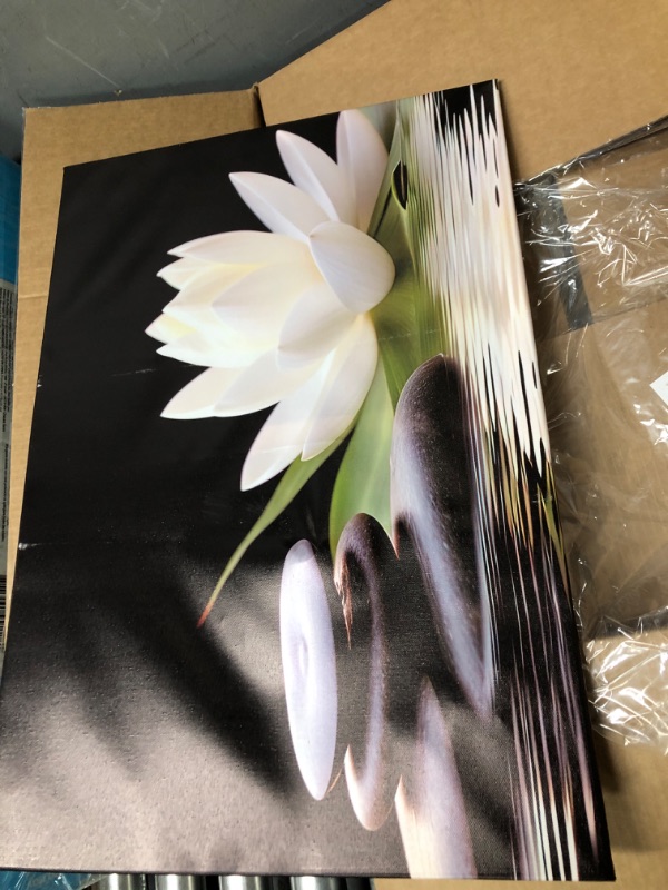 Photo 1 of GLOKAKA Zen Wall Art,White Lotus Bloom in Water with Spa Stone,Black and White Bathroom Canvas Wall Art,Zen Spiritual Decor for Yoga Meditation Room Living Room,Office Artwork 02 24"x16"