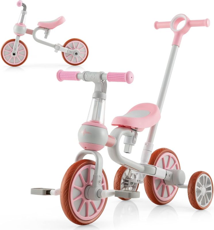 Photo 1 of  4 in 1 Tricycle for Toddlers Age 2-4, Kids Trike Baby Balance Bike w/Adjustable Seat & Push Handle, Removable Pedals & Training Wheels, Ride-on Toy for Boys Girls (Pink)