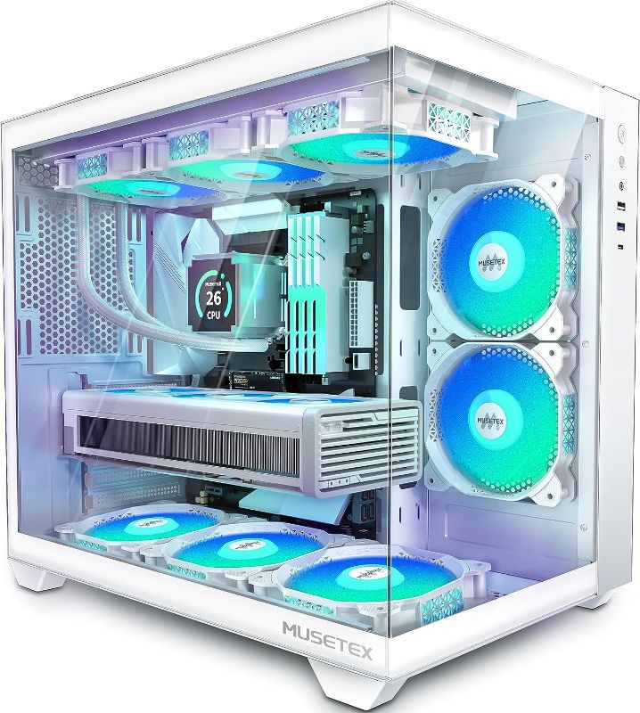 Photo 1 of MUSETEX ATX PC Case,5 PWM ARGB Fans Pre-Installed,360MM RAD Support,Type-C Gaming 270° Full View Tempered Glass Mid Tower Pure White ATX Computer Case,Y6
