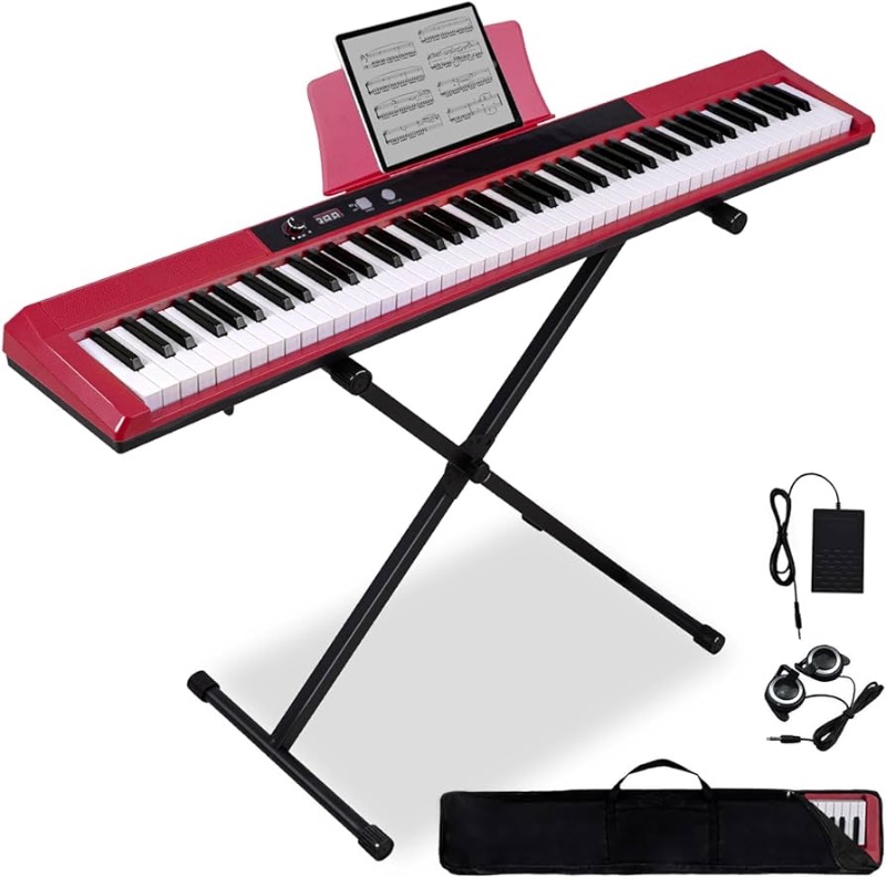 Photo 1 of 88 Key Piano Keyboard Beginner Electric Digital Piano with Semi Weighted Keys,Sustain Pedal, Power Supply, Stand, Carrying Case,Headphones (Red)