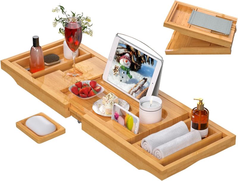 Photo 1 of Bathtub Tray Bath Tub Tray - Expandable Bathtub Caddy with Reading Rack or Tablet Holder, Premium Leather Grip and Non-Slip Pat for Luxury Bath, Bamboo Bathroom Table Tray for Tub, Gifts for Men Women