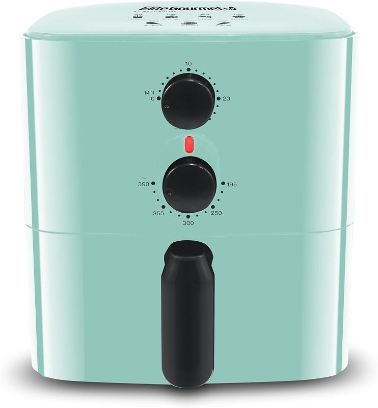 Photo 1 of  Elite Gourmet EAF-3218BL Personal 1.1Qt Compact Space Saving Electric Hot Air Fryer Oil-Less Healthy Cooker, Timer & Temperature Controls
 Elite Gourmet Teal Mini Air Fryer (Black Accents)