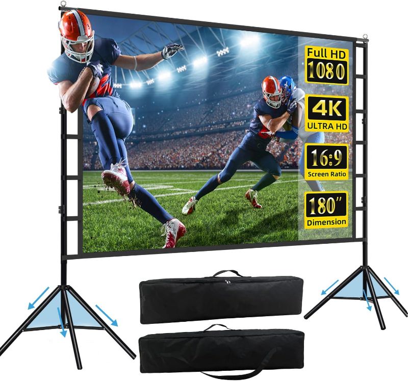 Photo 1 of 180 inch Projector Screen and Stand, 15FT Large Indoor Outdoor Movie Projection Screen 4K HD 16: 9 Wrinkle-Free Design for Backyard Movie Night Easy to Clean, 1.1Gain, 160° Viewing Angle & A Carry Bag