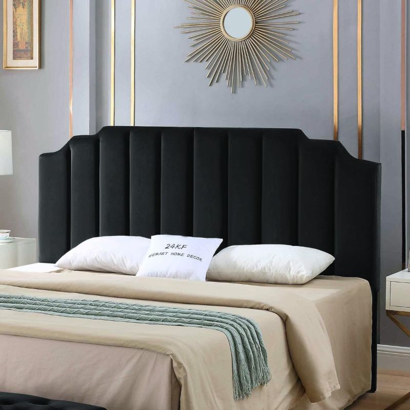 Photo 1 of 24KF Black Velvet Upholstered Queen Size Headboard Full Size Headboard,Tufted Headboard for Queen Bed Full Bed,Modern Vertical Channel Design with Curved Tufted Queen/Full Headboard 6026-Q-Black