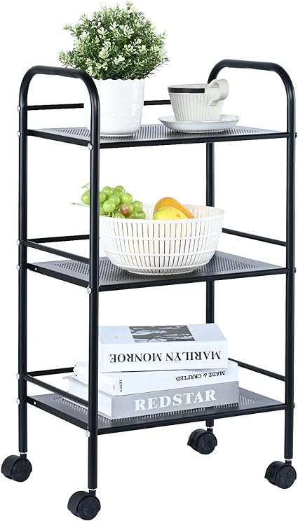 Photo 1 of 3-Tier Metal Rolling Cart, Heavy Duty Utility Cart with Lockable Wheels, Multi-Functional Storage Trolley with Handle for Office, Living Room, Kitchen, Movable Storage Organizer Shelves, Black
