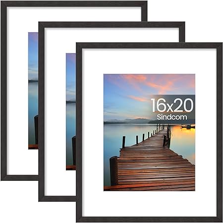 Photo 1 of 16x20 Poster Frame 3 Pack, Picture Frames with Detachable Mat for 11x14 Prints, Horizontal and Vertical Hanging Hooks for Wall Mounting, Charcoal Gray Photo Frame for Gallery Home Décor
