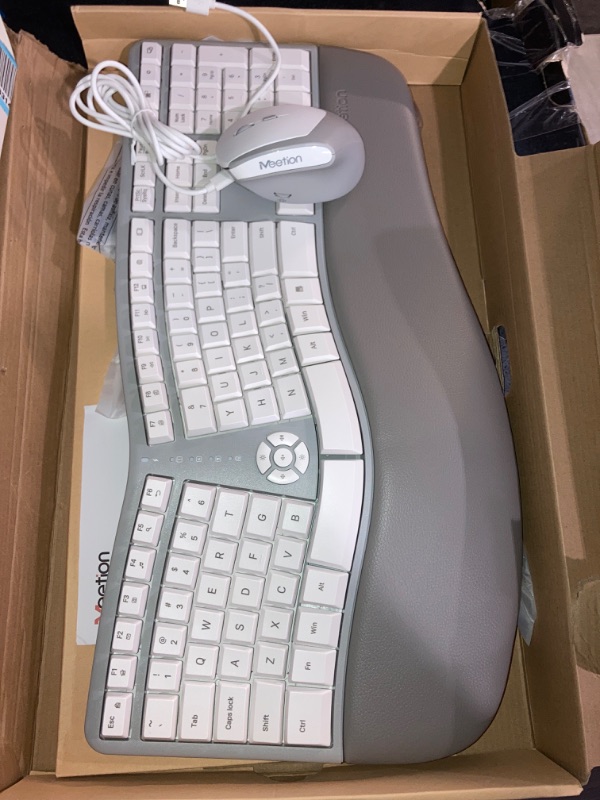 Photo 2 of MEETION Ergonomic Wireless Keyboard and Mouse, Ergo Keyboard with Vertical Mouse, Split Keyboard with Cushioned Wrist Palm Rest Natural Typing Rechargeable Full Size, Windows/Mac/Computer/Laptop, Gray Large White Gray