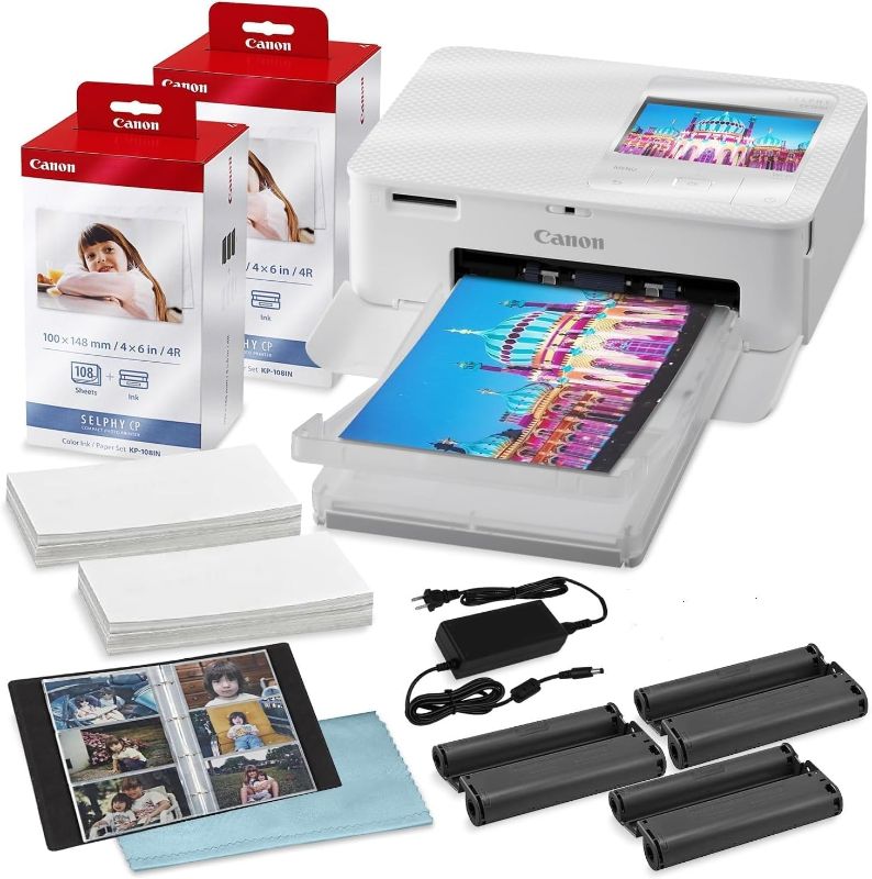 Photo 1 of Canon Selphy CP1500 Wireless Compact Photo Printer (White) with 2-Pack KP-108IN Color Ink Paper Set (216 Sheets of 4x6 Paper + 6 Ink Cartridges), Power Adapter & Deluxe Album
