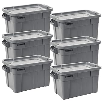 Photo 1 of **SET OF 5 NOT 6** Rubbermaid Commercial Products BRUTE Tote Storage Bin with Lid, 20-Gallon, Gray, Rugged/Reusable Boxes for Moving/Camping/Garage/Basement Storage, Pack of 6
