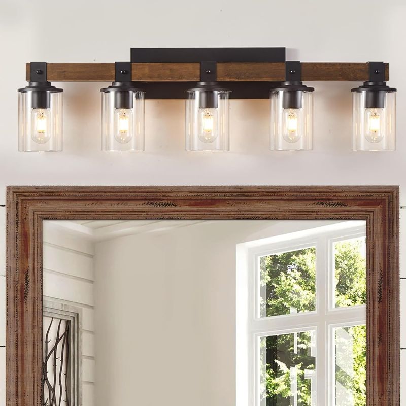 Photo 1 of 5-Light Rustic Bathroom Light Fixture,Farmhouse Wood Vanity Light with Clear Glass,Industrial Wall Lamp for Bedroom,Living Room,Kitchen,Hallway Wood 5-light