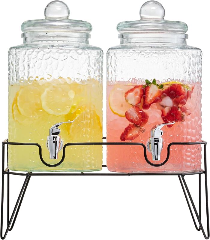 Photo 1 of 2 Gallon Drink Dispensers for Parties, Beverage Dispenser with Stand Stainless Steel Spigot Large Glass Drink Dispenser Lemonade Dispenser for Parties Water Juice Dispenser Punch (2 Pack)