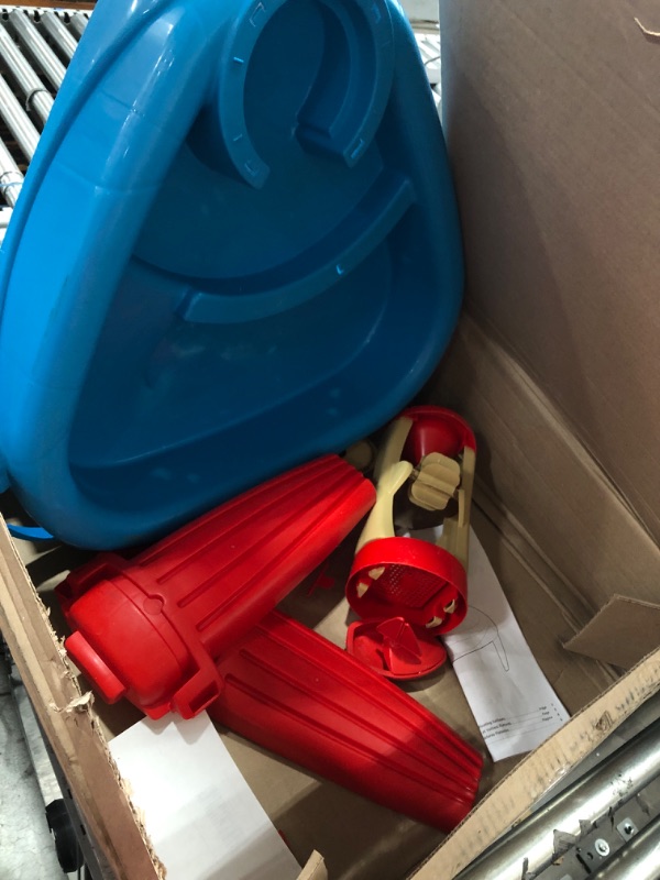 Photo 1 of Amazon Basics 6 Piece Kids’ Sensory Sand & Water Wheel Play Table, 2 Floating Sailboats, Bucket, Tower, Easy Snap-Together Assembly, Red/Blue