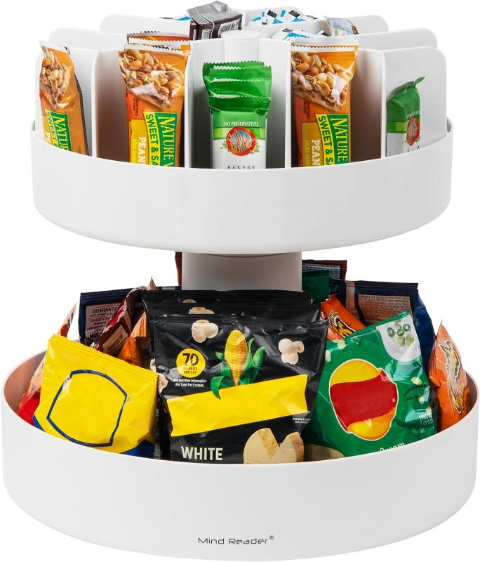 Photo 1 of (NON-REFUNDABLE) Mind Reader 2-Tier Snack Carousel, Countertop Organizer, Snack Tray, Breakroom, Kitchen, 14.25"L x 14.25"W x 14"H, White
