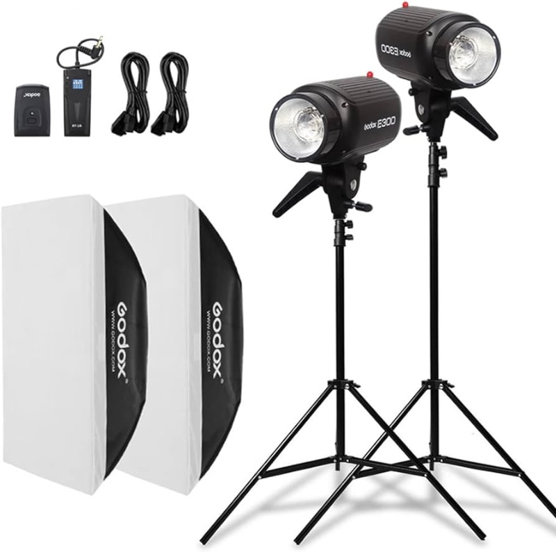 Photo 1 of Godox 600W Professional Studio Strobe Lights Kit, 2Pack Godox Strobe Flash Lighting Kit for Photography, 2X 300W 5600K Monolights with Flash Trigger, Softbox, Light Stands