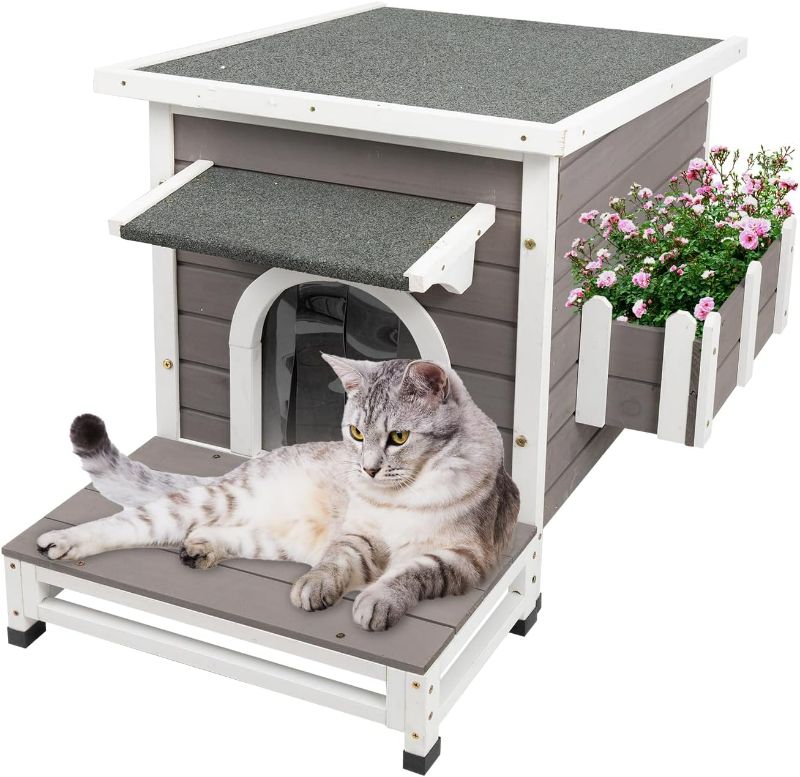Photo 1 of **READ NOTES**PetsCosset Outdoor Cat House Weatherproof - Wooden Outside Cat House Shelter for 2-3 Feral Cats with Openable Roof, Rain Curtain, Escape Door