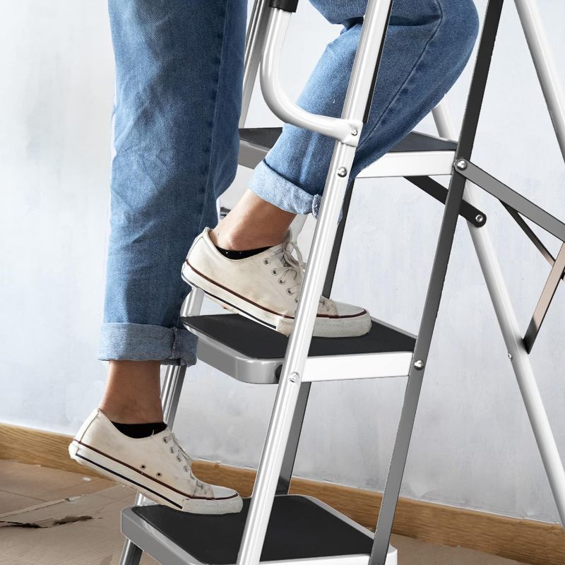 Photo 1 of 4-Step Stool - Folding Ladder with Handrails, Attachable Tool Bag, Nonslip Feet, Steel Frame, and 330lbs Weight Capacity by Stalwart (White)
