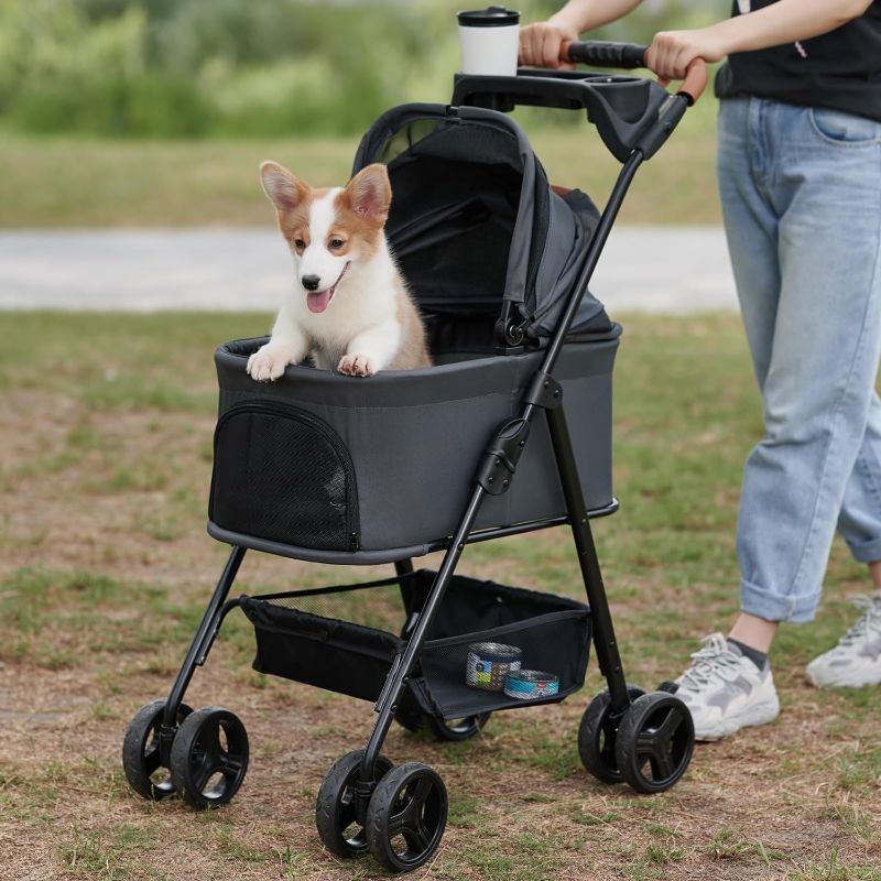 Photo 1 of 3 in 1 Folding Dog Stroller, Pet Folding Stroller, 4 Wheels Dog/Cat Puppy Stroller w/Removable Travel Carrier for Small/Medium Pet, Waterproof Pad, Car Seat, Sun Shade