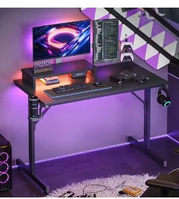 Photo 1 of 42 in. Black Carbon Fiber LED Gaming Desk with Monitor Stand and Cup Holder
