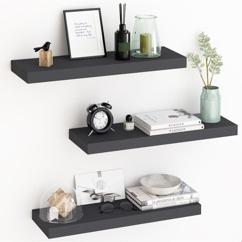 Photo 1 of *READ NOTES* Fixwal 24in Floating Shelves, Rustic Wood Shelves for Wall Storage with Invisible Brackets, Farmhouse Wall Decor for Bathroom, Living Room,Bedroom and Kitchen, Set of 3(Black)