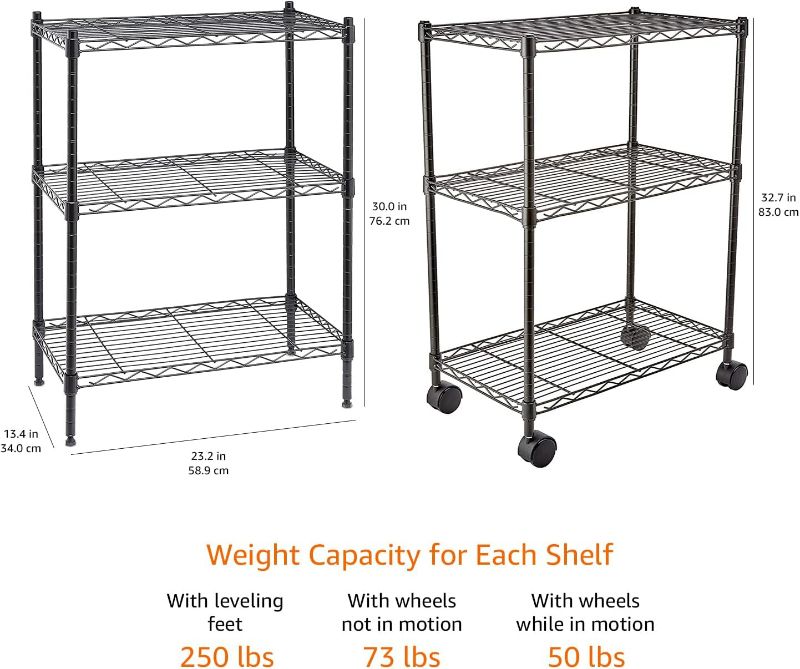 Photo 3 of (READ FULL POST) Amazon Basics 3-Shelf Narrow Adjustable, Heavy Duty Storage Shelving Unit on 2'' PP Plastic Wheel Casters, Metal Organizer Wire Rack, Black, 23.2" L x 13.4" W x 32.75" H
