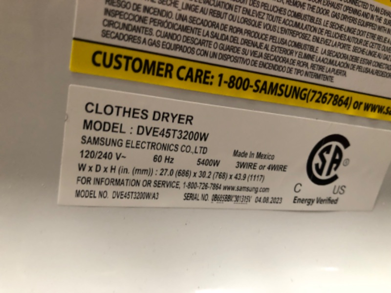 Photo 5 of Samsung 7.2 cu. ft. Vented Electric Dryer with Sensor Dry in White