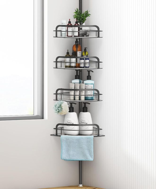 Photo 1 of Corner Shower Caddy Tension Pole, Carbon Steel Bathroom Shower Organizer Storage With 4 Tier Adjustable Shelves Shower Rack For Inside Shower Bathtub Shampoo Holder Standing 48~115 IN
