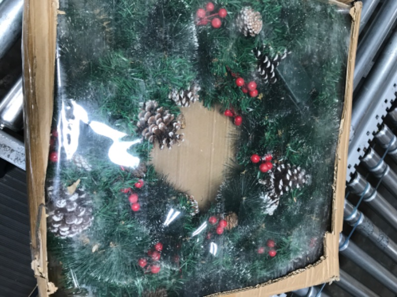 Photo 2 of 26" Prelit Artificial Christmas Wreath 80 Lights Timer Battery Operated Red Berries Pinecones Snowy Bristle Pine Thick Xmas Wreath for Front Door Christmas Decoration Home Indoor Outdoor(Warm White)