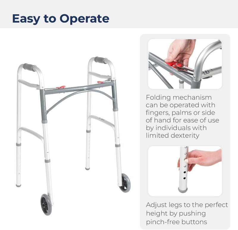 Photo 1 of *Picture for reference*
Drive Medical 10210-1 2-Button Folding Walker with Wheels, Rolling Walker, Front Wheel Walker, Lightweight Walkers for Seniors and Adults Weighing Up To 350 Pounds, Adjustable Height, Silver

